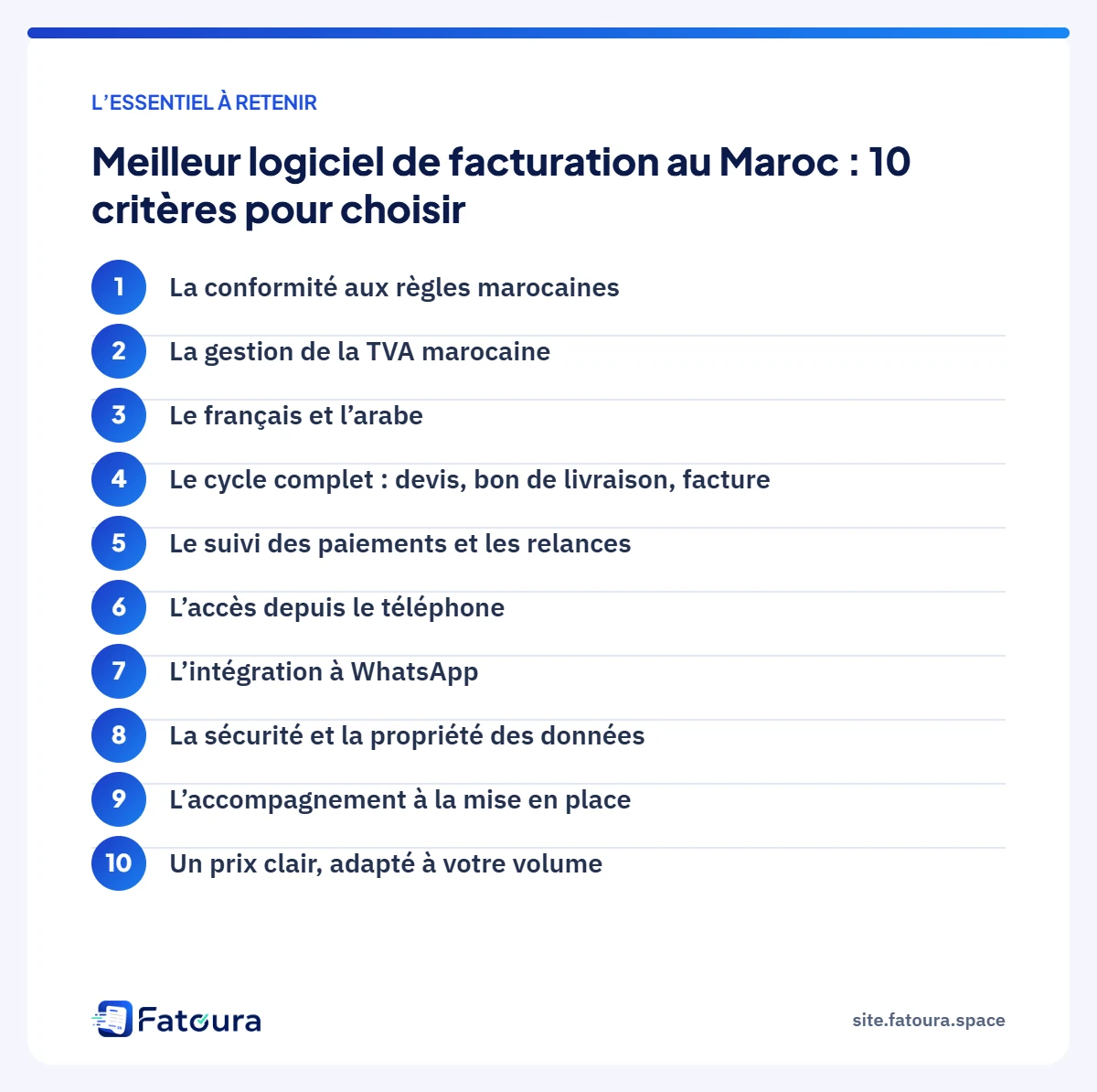 Infographie : l’essentiel à retenir — Meilleur logiciel de facturation au Maroc : 10 critères pour choisir