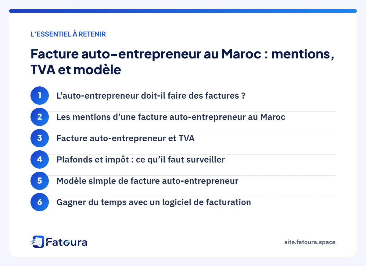 Infographie : l’essentiel à retenir — Facture auto-entrepreneur au Maroc : mentions, TVA et modèle