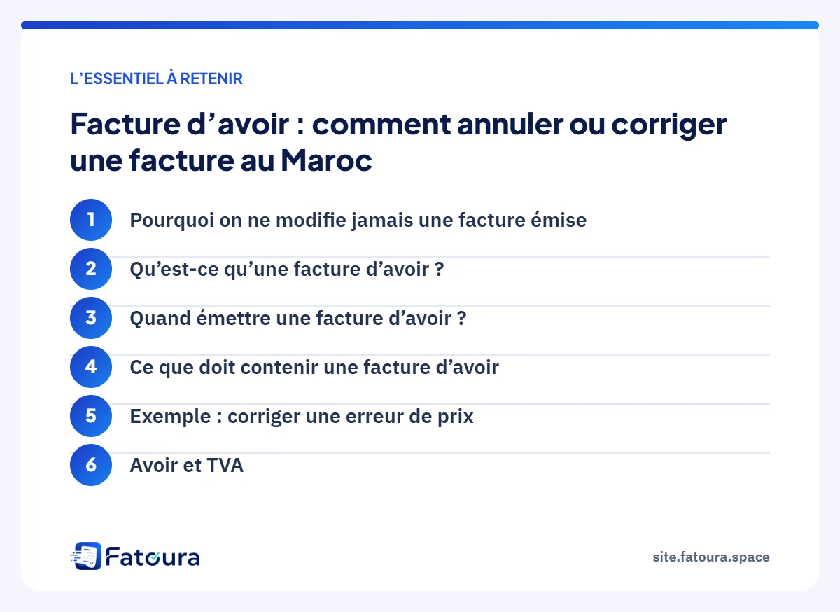 Infographie : l’essentiel à retenir — Facture d’avoir : comment annuler ou corriger une facture au Maroc