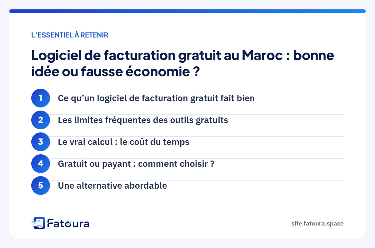 Infographie : l’essentiel à retenir — Logiciel de facturation gratuit au Maroc : bonne idée ou fausse économie ?